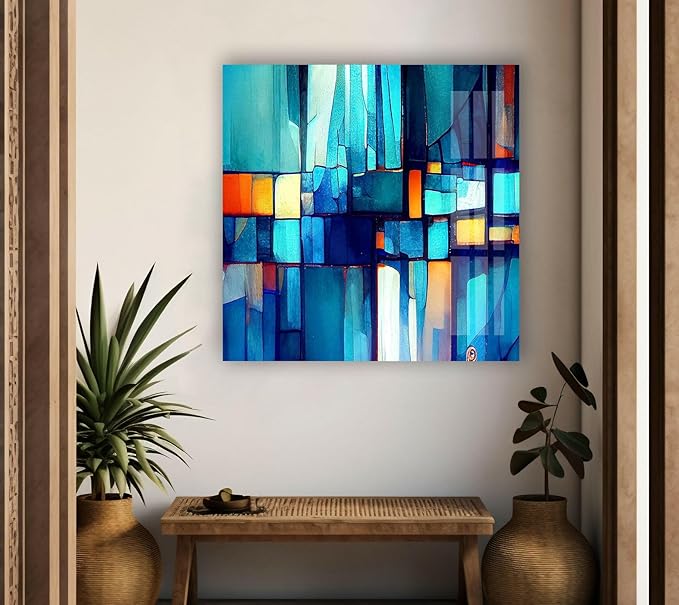 My Photostation.com 48Wx32H'' Blue Vibrant Stained Glass Wall ArtTempered Glass Printing Wall Decor Large Wall Art Wall Hangings