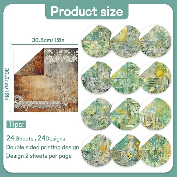 Scrapbook Paper 12x12 inch, 24 Sheets DIY Origami Decorative Craft, Double sided printing, Photo Album Decor Wooden-free Paper for Gift Wrapping Card Making Collage Album Decorative (Green)