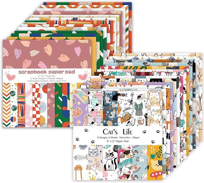 48 Sheets 24 Designs Scrapbook Paper Pad, 6"×6" Single-Sided Decopodge Craft Cardstock Paper,Scrapbooking DIY Decorative Background Cardmaking Supplies.Cat's Life&Sweet Love
