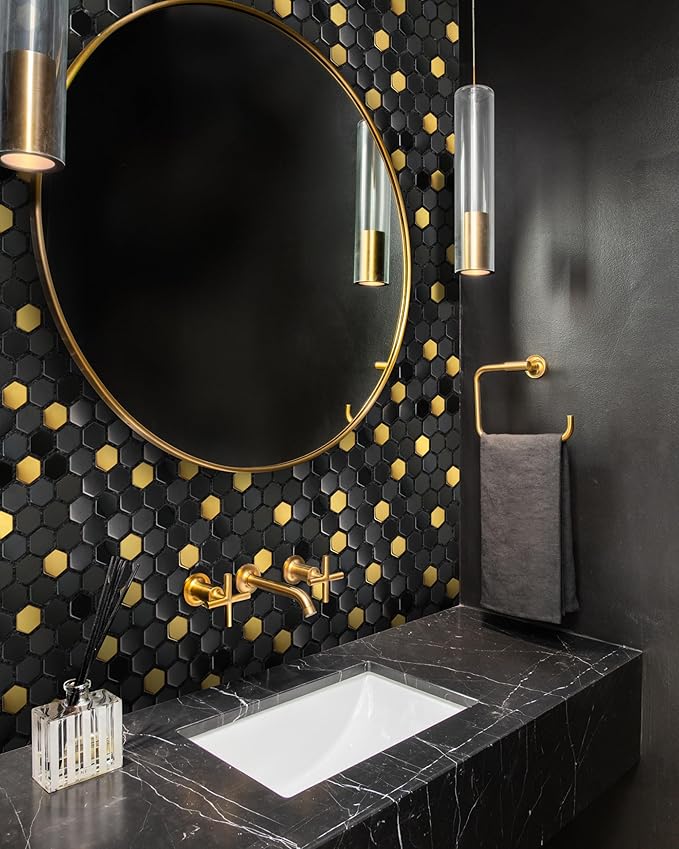 Blujellyfish Black and Gold Backsplash Wall Tiles Hexagon Mosaic Shower Floor Tile Kitchen Bathroom Tile (Box of 5 Sheets)