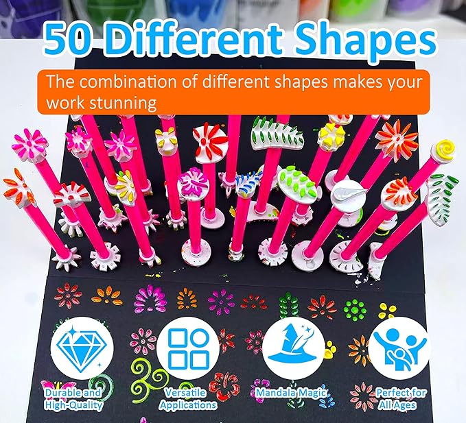 GEOCCI Flower Petal Tools for Dot Painting，50 Petal Shapes Dotting Tool，Mandala Dot Art Tools for Rocks，Embosssing Tools for Painting Dots （Pink）