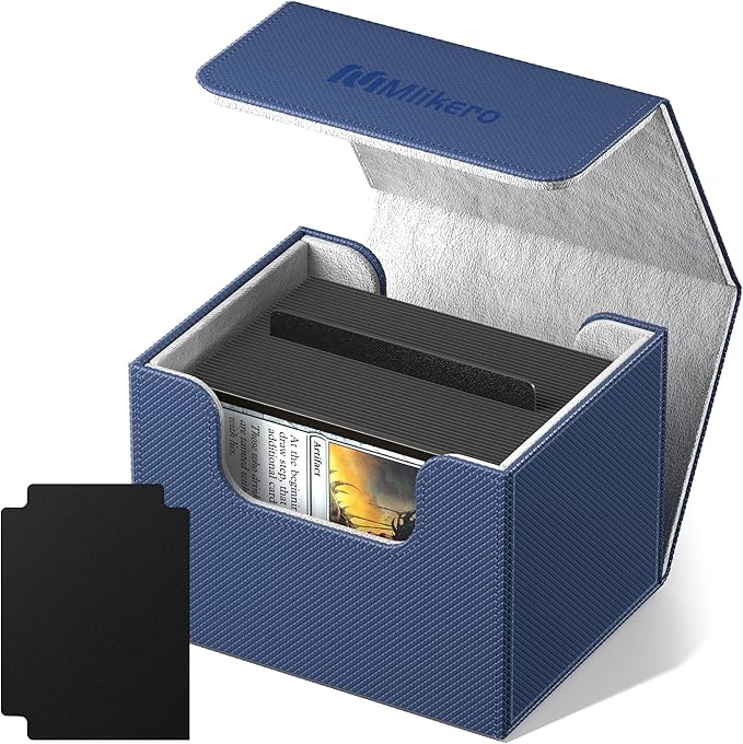 Mlikero Card Deck Box, Commander Deck Box Holds 100+ Double-Sleeved Cards with Divider, Leather Magnetic Closure Card Box Fit for MTG, TCG (Blue)