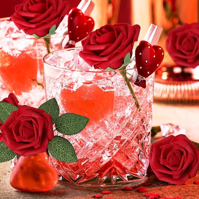 AmyHomie Artificial Flowers Dark Red Rose 100pcs Real Looking Fake Roses w/Stem for DIY Wedding Bouquets Centerpieces Arrangements Party Baby Shower Home Decorations
