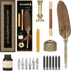 GC QUILL Calligraphy Set - 18pcs With Dual Tip Fountain Pen, Feather Dip Pen, Stamp, Wax Candle, Pen Base, Ink Bottle, Cartridges
