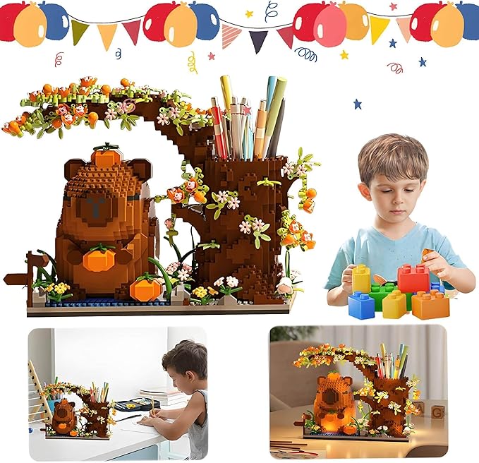 Capybara Building Blocks Set -1880PCS Cute Animals & Flowers Building Bricks Kit Kawaii Capybara Gifts Toy for Kids Age 6+, Capybara Stuff Pen Holder&Desk Organizer, Arts & Crafts for Boys Girls Adult