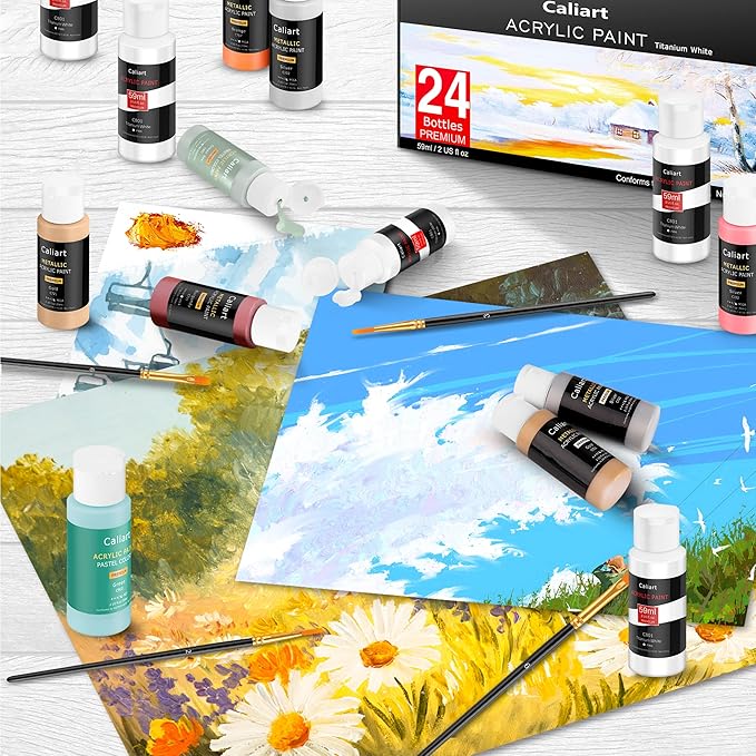 Caliart Black Acrylic Paint with 12 Brushes, 24 Art Craft Paints (59ml, 2oz) Gifts Trendy Stuff for Adults Artists, Canvas Ceramic Rock Eggs Painting Kit Art Supplies