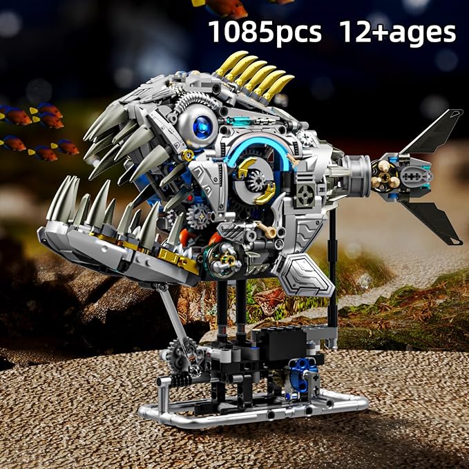 Mechanical Piranha Building Sets, Ocean Animal Collection Toy, Multi-Jointed Movement with Ice Blue Accents, Adults Home or Office Decor, STEM Building Gift for Teens Boys and Girls 12+（1085 PCS)