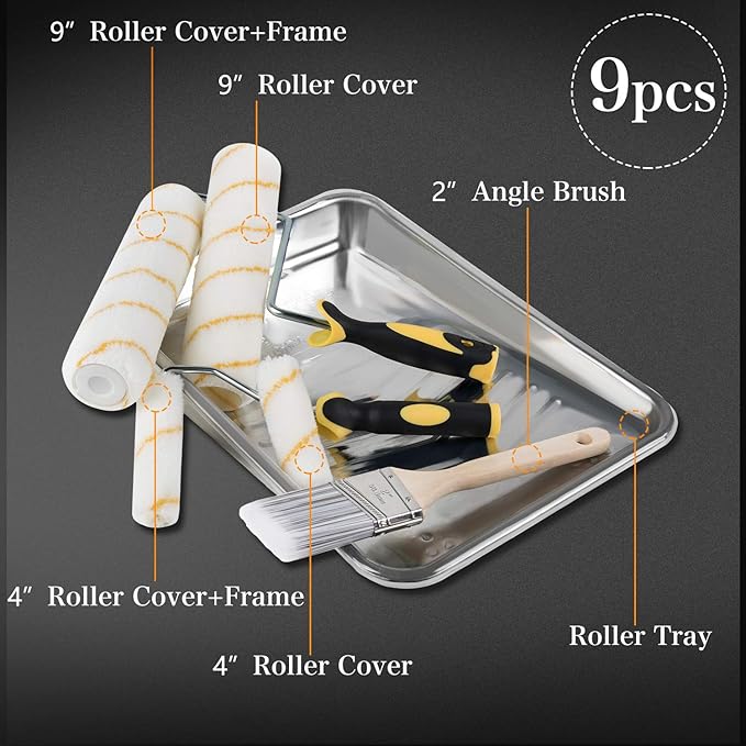 ETERNA Paint Roller Kit, 9 Pieces Paint Supplies for House Painting, with Metal Paint Tray&9 inch+4 inch Paint Rollers&Cover&Frame&Brush, Perfect for Wall Decorating Home DIY Improvement