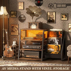 AV Media Stand with Outlets, Stereo Stands and Racks with Vinyl Storage, Stereo Stand with Record Storage, Audio Stereo Rack Cabinet, Turntable Console Stand with LED lights, 4 Tiers, Rustic Brown