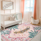 Washable Pink Rugs Boho Vintage Tropical Jungle 8x10 Area Rugs Tribal Oriental Carpet for Bedroom Kitchen Dining Living Room Office Distressed Indoor Cute Nursery Rug
