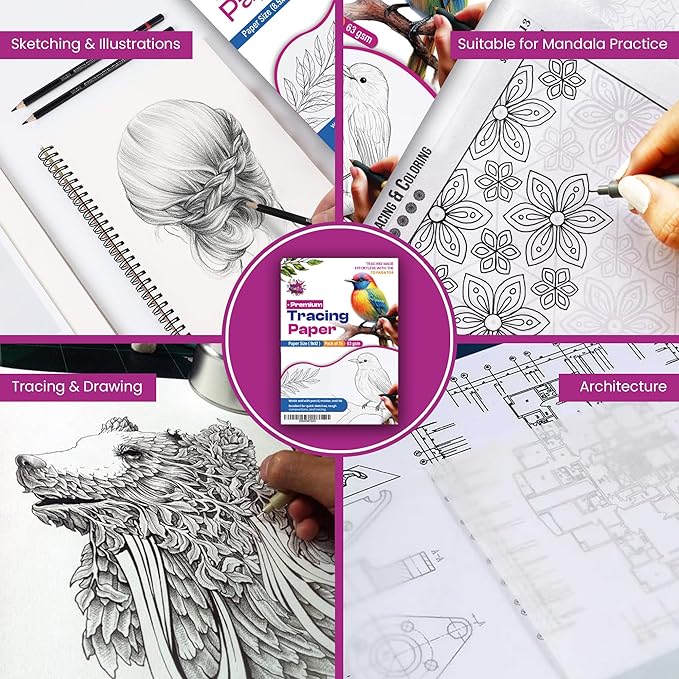 Tracing Paper 9 x 12 Inch - 75 Sheets 41lb/63gsm Transparent Vellum Paper for Sketching, Preliminary Drawing, Drafting & Overlays - Premium Translucent Tracing Paper for Pencil, Marker and Ink