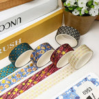 12 Rolls Charming Washi Tape Set Gold Silver Foil Detailing Arts Adhesive Tapes Basic Patterns Decorative Masking Tape Sets for Craft, Kids, Scrapbook, DIY, Gift Wrapping (Golden Galaxy)