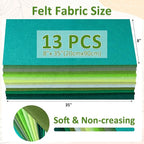 XSEINO 13 Rolls 8"x35" 1.4mm Thick Soft Felt Fabric Sheet 13 Assorted Green Series Colors Felt Pack Pastel Felt Sheets for DIY Craft Sewing Squares Nonwoven Patchwork