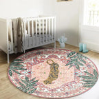 Washable Pink Rugs Thin Oriental Boho Vintage Cute Tropical Leopard 5ft Round Area Rugs for Bedroom Kitchen Dining Living Room Office Indoor Entryway Distressed Nursery Circle Carpet