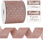 HUIHUANG Rose Gold Christmas Ribbon 4 inch Rose Gold Glitter Wired Ribbon Diamond Mesh Wire Ribbon for X-mas Tree Decorations, Wreaths, Garland, Large Bows Making, Home Decor -10 Yards