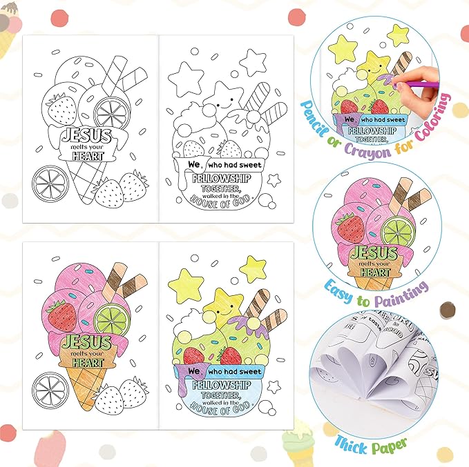 JAPBOR Ice Cream Coloring Books - 24PCS Mini Summer Religious Color Book Bulk for Kids Party Favors, Christian Jesus Small Colour Pages for Sunday School Class Drawing Painting Games Goodie Bag Filler