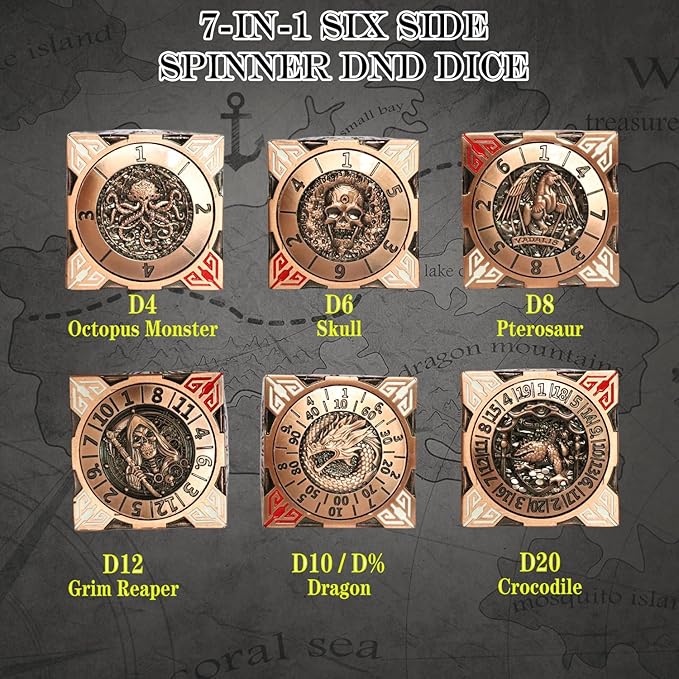 6 Sided Spinner DND Dice - Metal D4 D6 D8 D10 D10% D12 D20 All in One D&D Set - Cool Role Playing Gifts for Dungeons and Dragons TRPG MTG Games Lover Players Red Copper