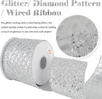 HUIHUANG Silver Christmas Ribbon 4 inch Silver Glitter Wired Ribbon Diamond Mesh Wire Ribbon for X-mas Tree Decorations, Wreaths, Garland, Large Bows Making, Home Decor -10 Yards