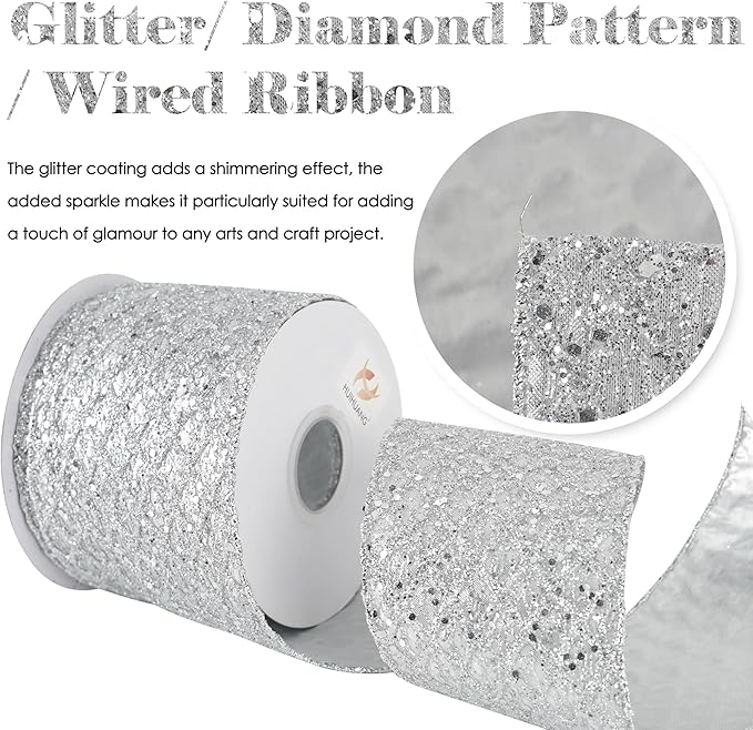 HUIHUANG Silver Christmas Ribbon 4 inch Silver Glitter Wired Ribbon Diamond Mesh Wire Ribbon for X-mas Tree Decorations, Wreaths, Garland, Large Bows Making, Home Decor -10 Yards