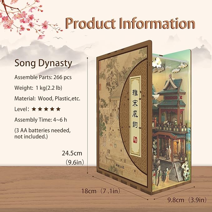 Tonecheer DIY Book Nook Kit for Adults, Wooden 3D Puzzle Bookend Bookshelf Insert Decor, Chinese Booknook Miniature House Kit with Dust Cover and Body Motion Sensor LED (Song Dynasty Culture)