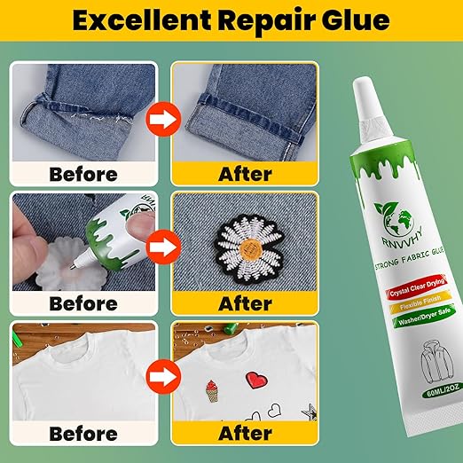 Fabric Glue Permanent, 60ml Super-Strong Clear Washable Fabric Adhesive for Clothing, Patches, Leather, Cotton, Denim, Polyester, Doll Repair (Fabric Glue Kits 2 Pack)