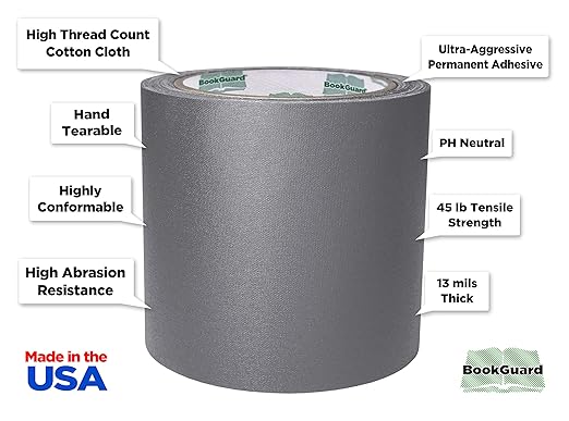 BookGuard 4 inch Premium Bookbinding Repair Cloth Tape, 15 Yard Roll, Gray