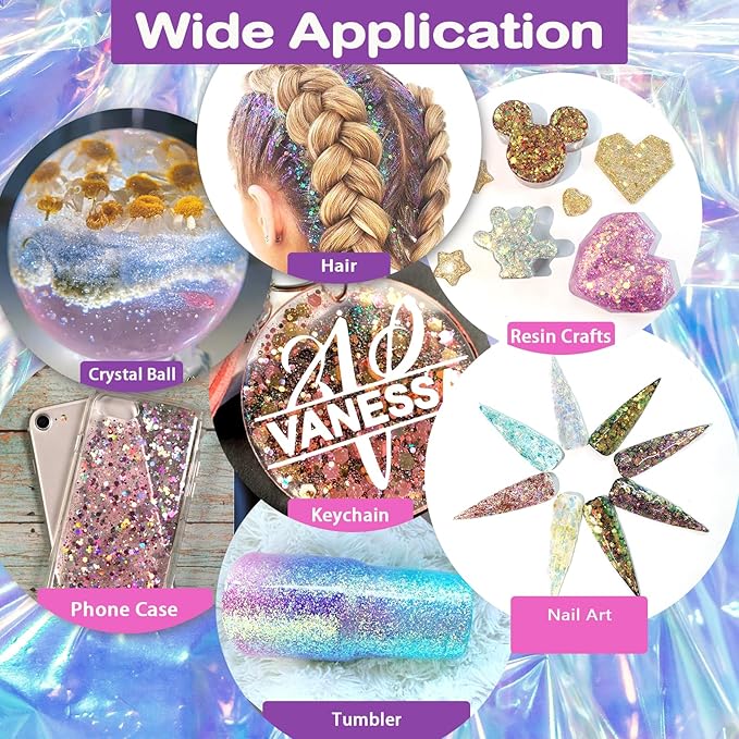 Renfio Opal Chunky Glitter - 1.75oz/50g Blue Holographic Glitter Mix for Resin Nails Art, Hair, DIY Snow - Ice Queen