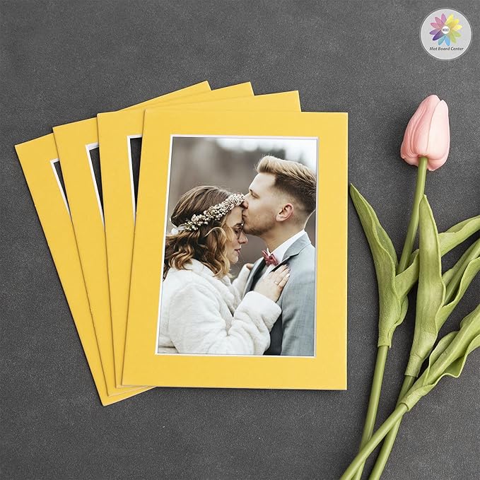 Mat Board Center, Pack of 10, 5x7 for 4x6 Deep Yellow Color Mats - Bevel Cut, Acid Free, 4-ply Thickness, White Core - for Pictures, Photos, Framing
