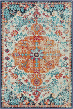 Lahome Bohemian Floral Medallion Area Rug - 4x6 Oriental Distressed Bedroom Rug Country Vintage Faux Wool Indoor Throw Mat Non-Slip Washable Low-Pile Carpet for Bathroom Living Kitchen Laundry Room