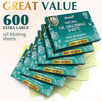 Natural Green Tea Oil Blotting Sheets - 25% Larger (4.7x3") - 600 Makeup Friendly Papers for Face - Easy Dispensing Oil Absorbing Sheets
