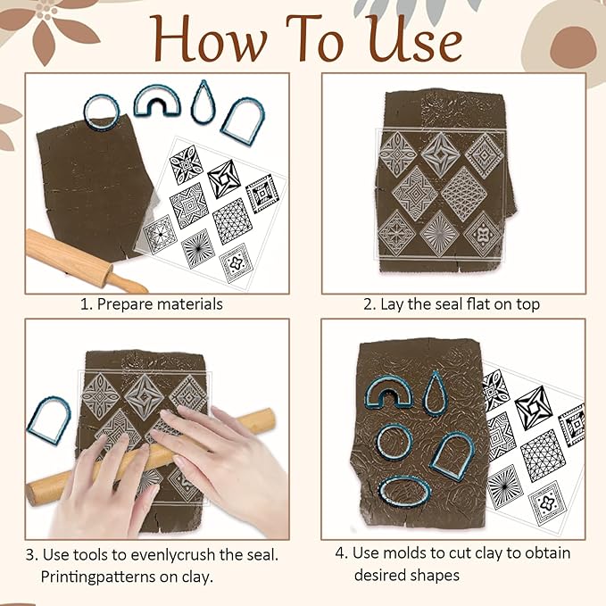 CHGCRAFT 4 Pcs Rhombus Pattern Polymer Clay Texture Sheets Abstract Art Silicone Texture Stamp Rhombus Flowers Modeling Pattern Pad Sheets for Jewelry and Earrings Tools, 5.5x5.5 inch