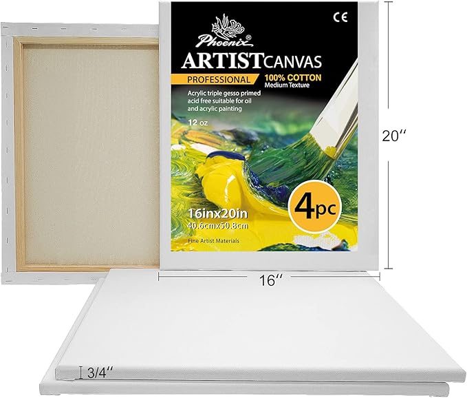 PHOENIX Professional Stretched Canvas for Painting - 16x20 Inch/4 Pack 3/4 Inch Profile, 100% Cotton 12 Oz. Heavy Duty Gesso Triple Primed White Blank Artist Canvases for Oil & Acrylic Paints