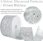HUIHUANG Silver Glitter Wired Ribbon for Christmas Tree 2.5 inch Silver Diamond Mesh Ribbon for Tree Decoration, Wreaths, Garland, Gift Wrapping, Large Bows Making, Home Decor -10 Yards