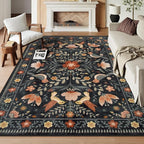 Morebes Washable 8x10 Area Rugs for Living Room Non Slip, Boho Botanical Soft Birds Bug Moody Rugs for Bedroom, Ultra-Thin Floral Flower Throw Carpet for Classroom Home Office Dorm Room, Black/Multi
