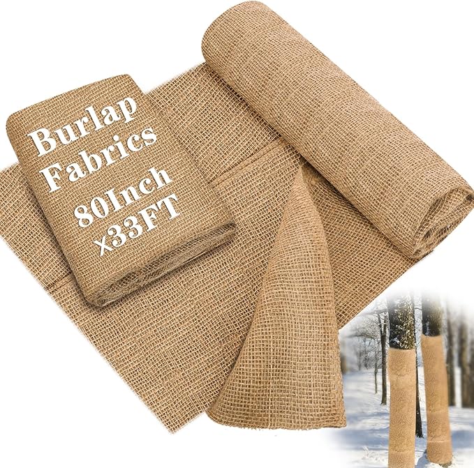 Buryeah 80 Inch x 33 ft Burlap Fabrics Roll Natural Jute Burlap Tree Wraps Protector Winter Frost Plant Blankets Cloth Weed Barrier Fabric Garden Plants for Winter Outdoor Trees Shrubs Party