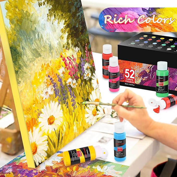 Caliart Acrylic Paint Set, 52 Colors (2oz/Bottle) with 4 Brushes, Art Craft Paints for Adults Artists Beginners Painters, Canvas Halloween Pumpkin Ceramic Wood Fabric Rock Painting Supplies Kit