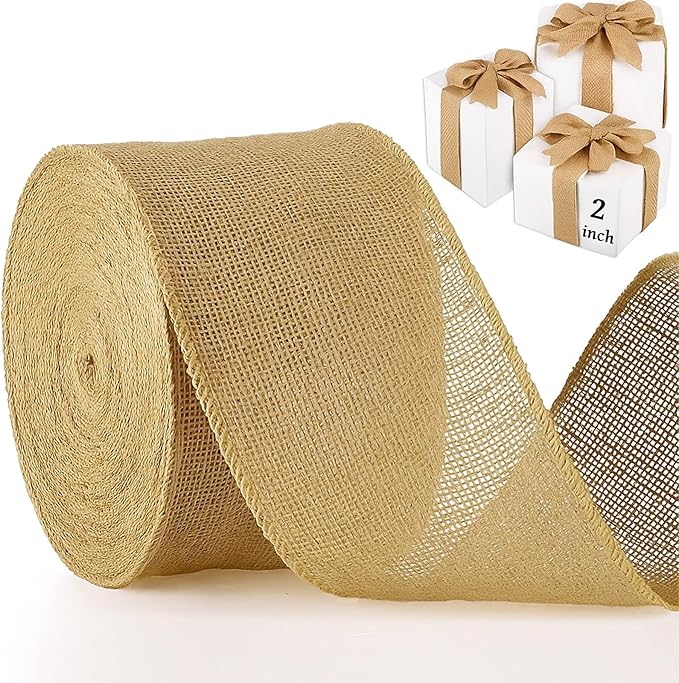 Chuangdi 40 Yard 2 Inches Burlap Ribbon Wide Jute Ribbon Natural Burlap Fabric Roll Wired Edge for Wreaths, Christmas Tree Decoration, Big Bow Crafts, Gift Wrapping, Wedding