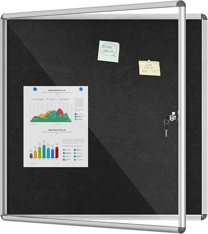 38"x38" Enclosed Bulletin Board, Lockable Weather-Resistant Aluminum Cork Noticeboard for School & Office, Silver Frame w/Black Flet
