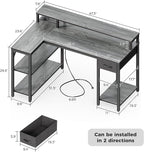 SUPERJARE 47 inch Reversible L Shaped Desk with LED Lights & Power Outlets, Computer Desk with Shelves & Monitor Stand, Gaming Desk with Drawer, Home Office Desk Corner Desk, Grey