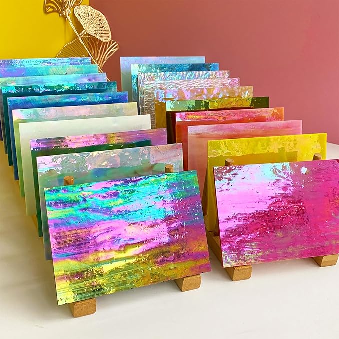 24 Sheets Iridescent Stained Glass Sheets Variety Pack, 6 x 4 inch Iridized Art Glass Mosaic Tiles for Crafts, Stained Glass Supplies for Stained Glass or Mosaic Projects