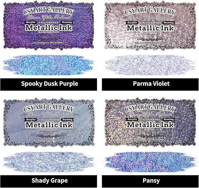CSY art gallery Pearlescent Liquid Acrylic Ink Set Bottle -Shimmering Purple Permanent Calligraphy Inks-High Gloss,Metallic Paint for Crafts, Resin Art, DIY, Furniture, Wood (Lavender Manor Set)