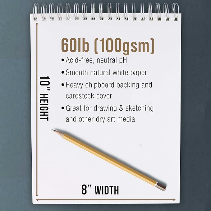 U.S. Art Supply 8"x10" Top Spiral Bound Sketch Book, 2 Pack, 100 Sheets Each, 60lb (100gsm), Acid-Free, Artist Sketchbook, Drawing Pad for Adults & Students