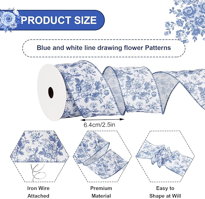 Generic AnyDesign Floral Wired Edge Ribbon Blue Flower Craft Ribbon Chinoiserie Decorative Fabric Ribbon for DIY Crafts Wreath Bow Making, 12 Yards