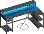 SUPERJARE 53 inch Reversible L Shaped Desk with LED Lights & Power Outlets, Computer Desk with Shelves & Monitor Stand, Gaming Desk with Drawer, Home Office Desk Corner Desk, Black