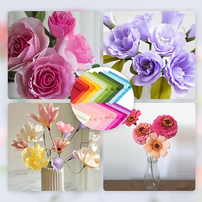 72Pcs Crepe Paper Flower DIY Kits, 20 Colors Crepe Paper Rolls 8.2ft Long 9.84 Inch Wide, 50 Pcs Green Floral Iron Wire and 2 Roll Green Tape for Birthday Parties Weddings Festival Decoration