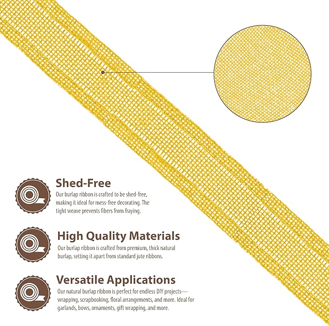 Mandala Crafts Yellow Burlap Ribbon 1 Inch Wide Jute Ribbons for Crafts - 20 Yds Roll Rustic Burlap Wrap Trim Ribbons for Wreaths Bows Wedding Party Decoration