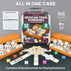 Queensell Mexican Train Dominoes Set with 8 Holders - Wooden Hub and Tiles Holders - Double 12 Tiles with Dots (D12 + 8 Holders)