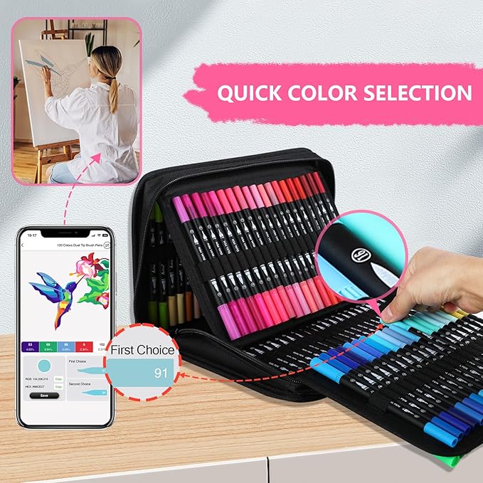 120 Colors Numbered Dual Tip Brush Pens with Free App, Fine and Brush Tips Pens for Adults and Kids, Coloring Markers for Coloring Book Bullet Journaling Note Taking Planner Hand Lettering