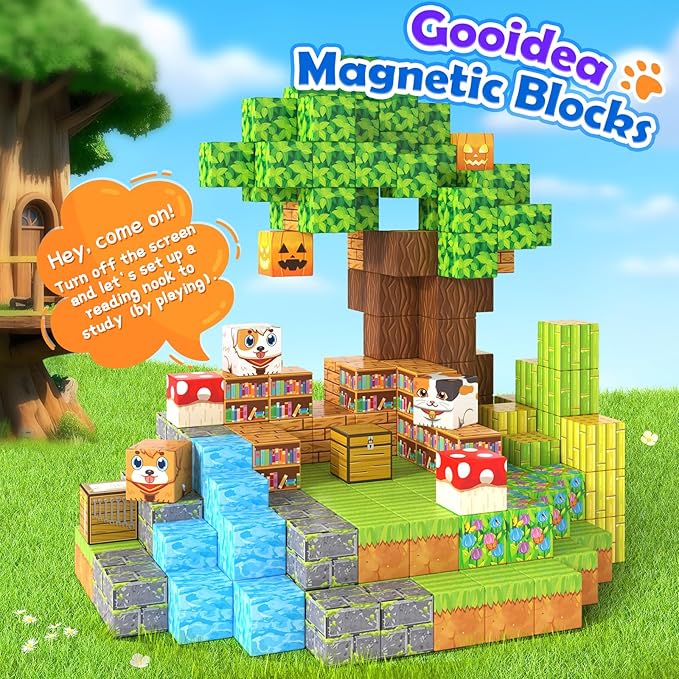 Large Magnetic Blocks 1" Building Cubes Toys for Kids Ages 4-6 5-7 8-12, Magworld Bamboo House Building Craft Construction Toy Set, Creative Sensory Toys Game Gift for 3+ Year Old Boys Girls