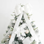 HUIHUANG White Glitter Wired Ribbon, 4 Inch x 30 Ft, Geometric Pattern, Polyester Material, Christmas Occasion